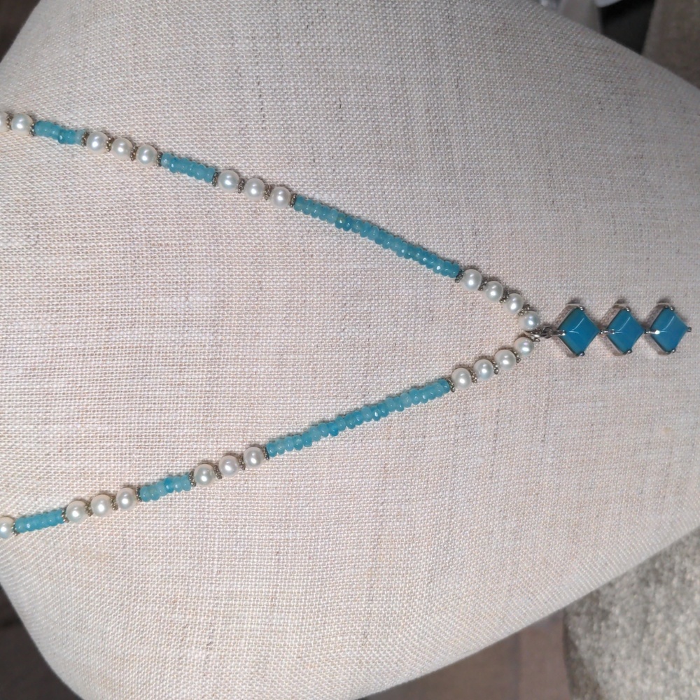 Vintage Blue Chalcedony & Pearl Sterling Silver Pendant Necklace, Genuine, EUC